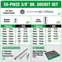 Load image into Gallery viewer, 56 Piece 3/8" Drive, 6 Point, Standard & Deep, SAE & Metric Chrome Socket Set