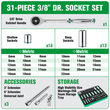 Load image into Gallery viewer, 31 Piece 3/8" Drive, 6 Point, Standard & Deep, Metric Chrome Socket Set