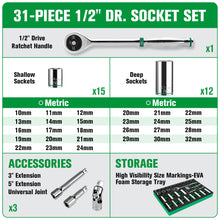 Load image into Gallery viewer, 31 Piece 1/2" Drive, 6 Point, Standard & Deep, Metric Chrome Socket Set