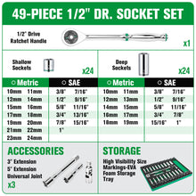 Load image into Gallery viewer, 49 Piece 1/2&quot; Drive, 6 Point, Standard &amp; Deep, SAE &amp; Metric Chrome Socket Set
