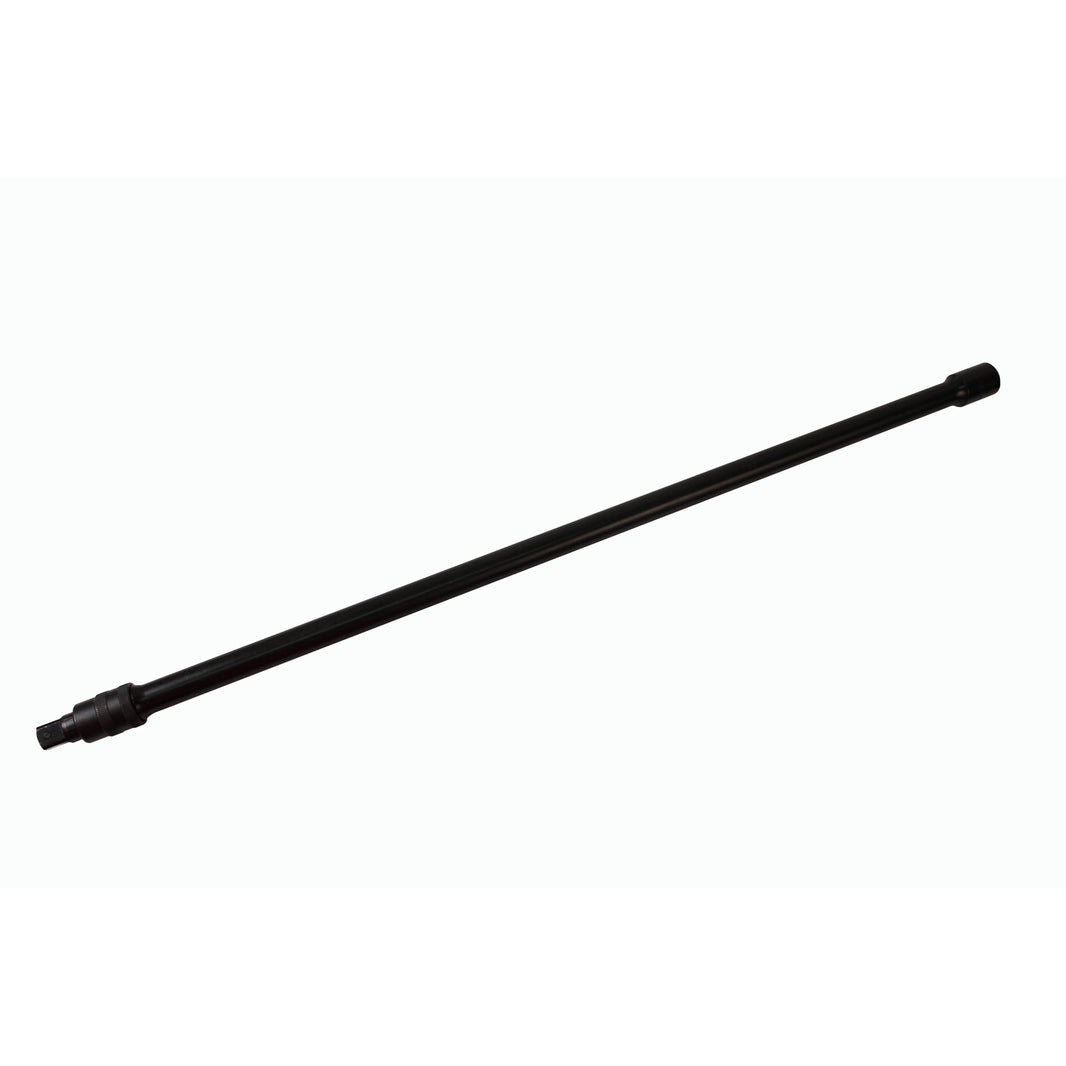 A long, slender black metal rod with threaded ends, shown diagonally on a plain white background.