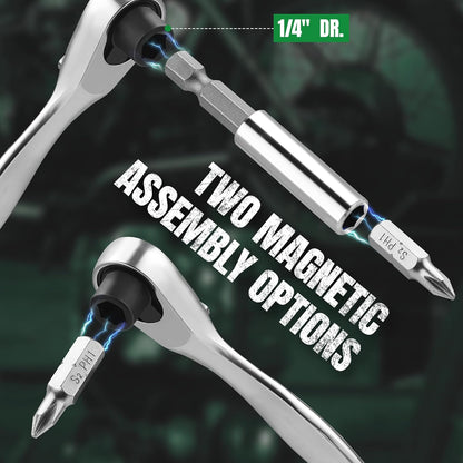 Two magnetic assembly options for a tool with text on a dark background