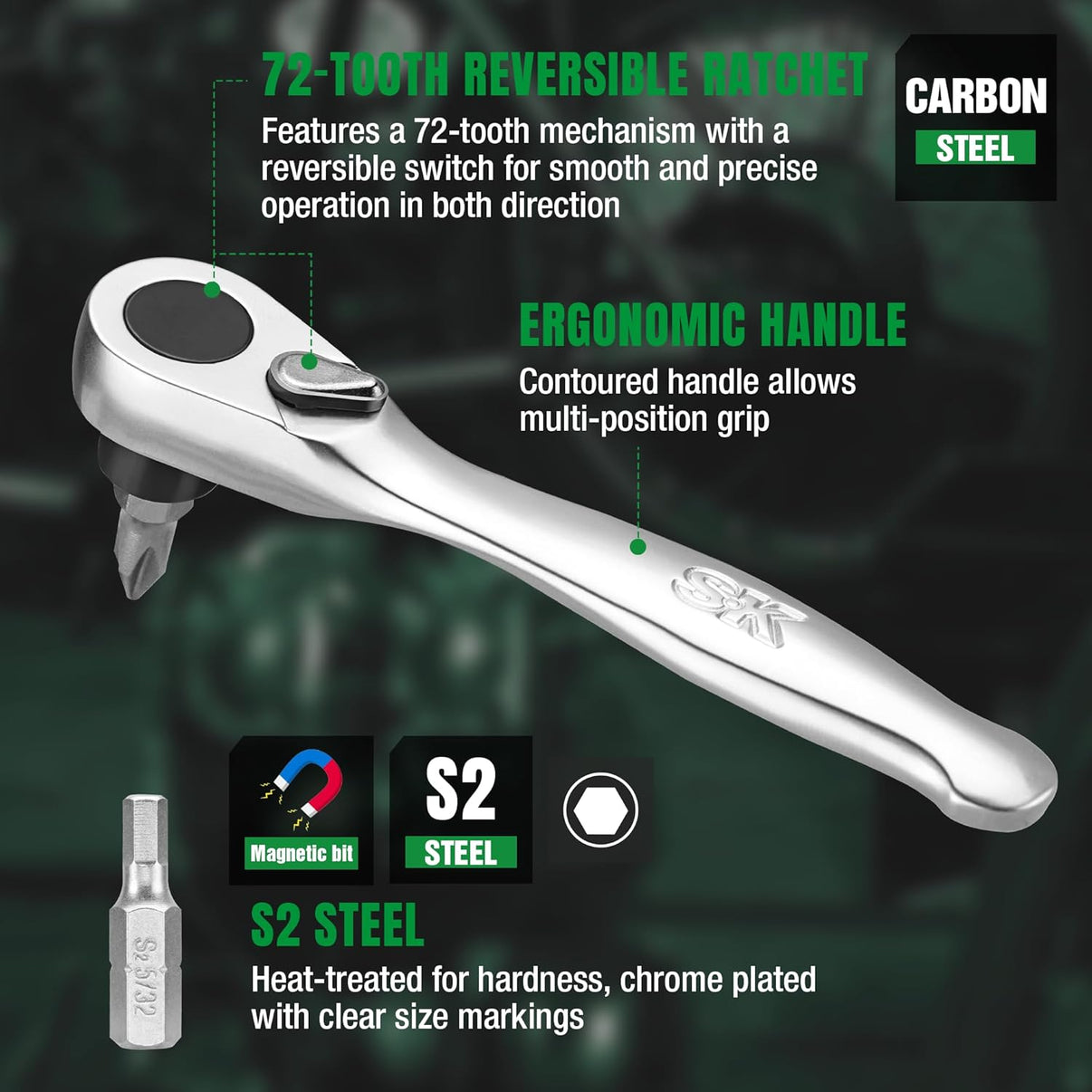 72-tooth reversible ratchet with carbon steel construction and ergonomic handle on a dark background