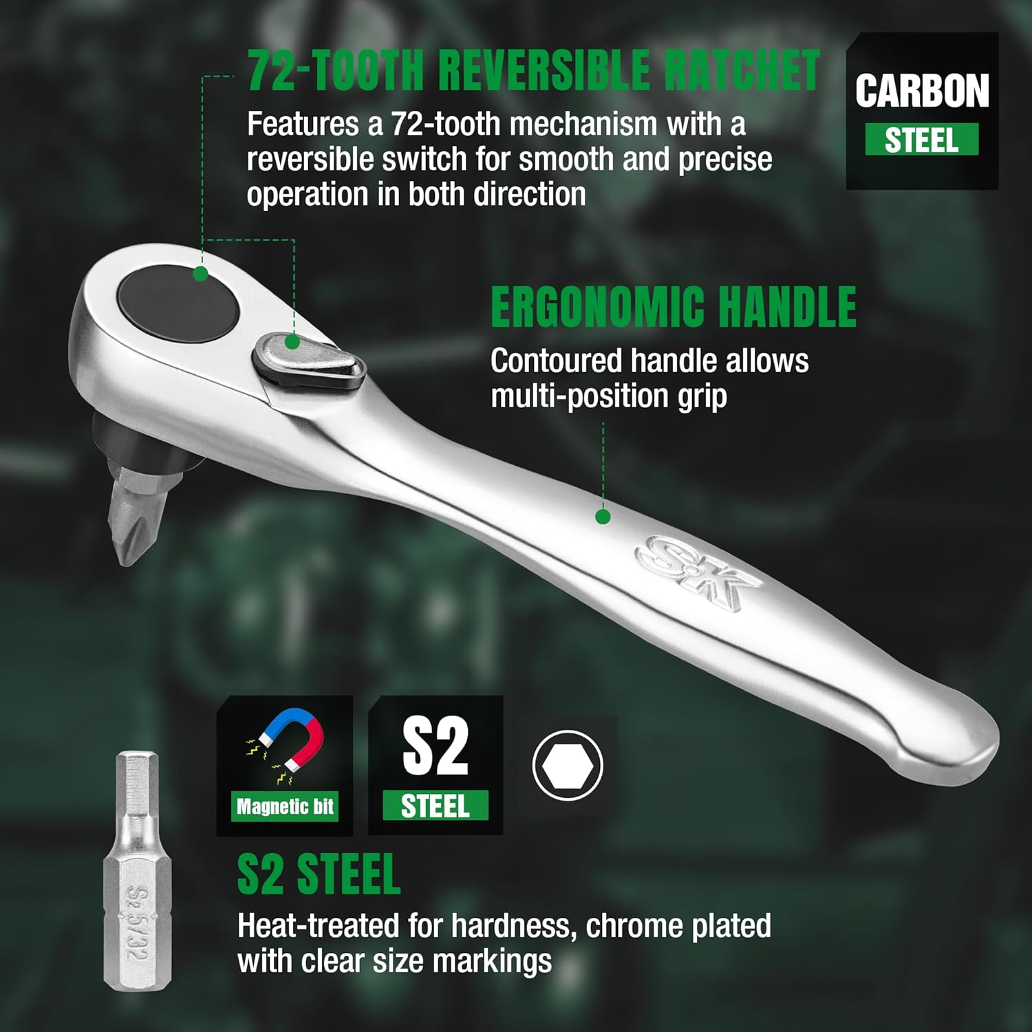 72-tooth reversible ratchet with carbon steel construction and ergonomic handle on a dark background