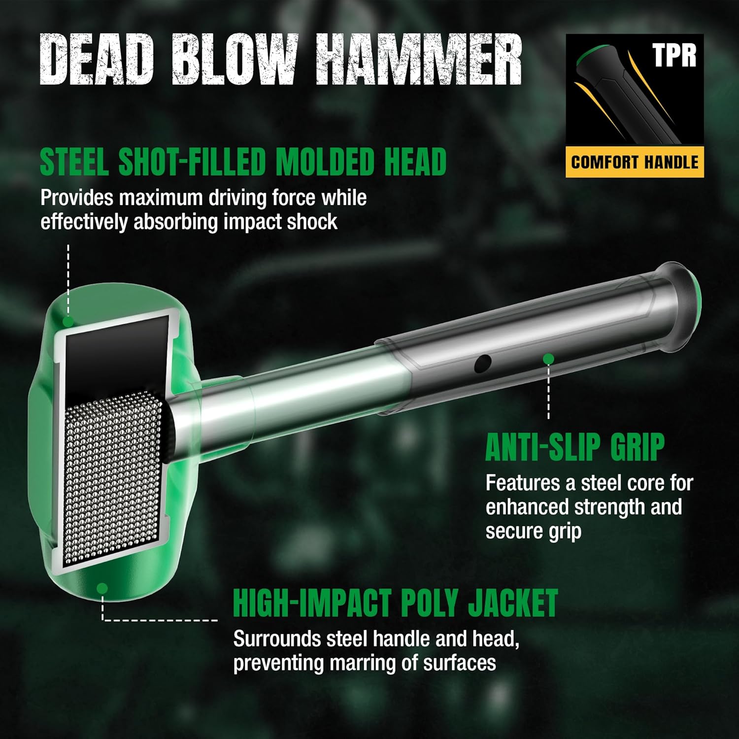Dead blow hammer with features highlighted on a dark background