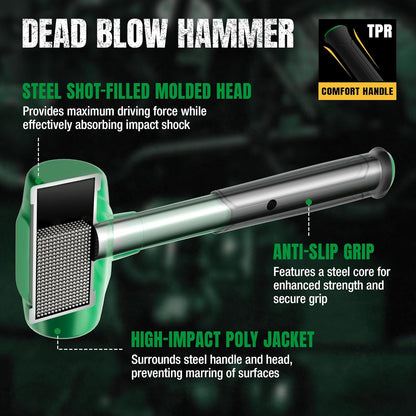 Dead blow hammer with features highlighted on a dark background