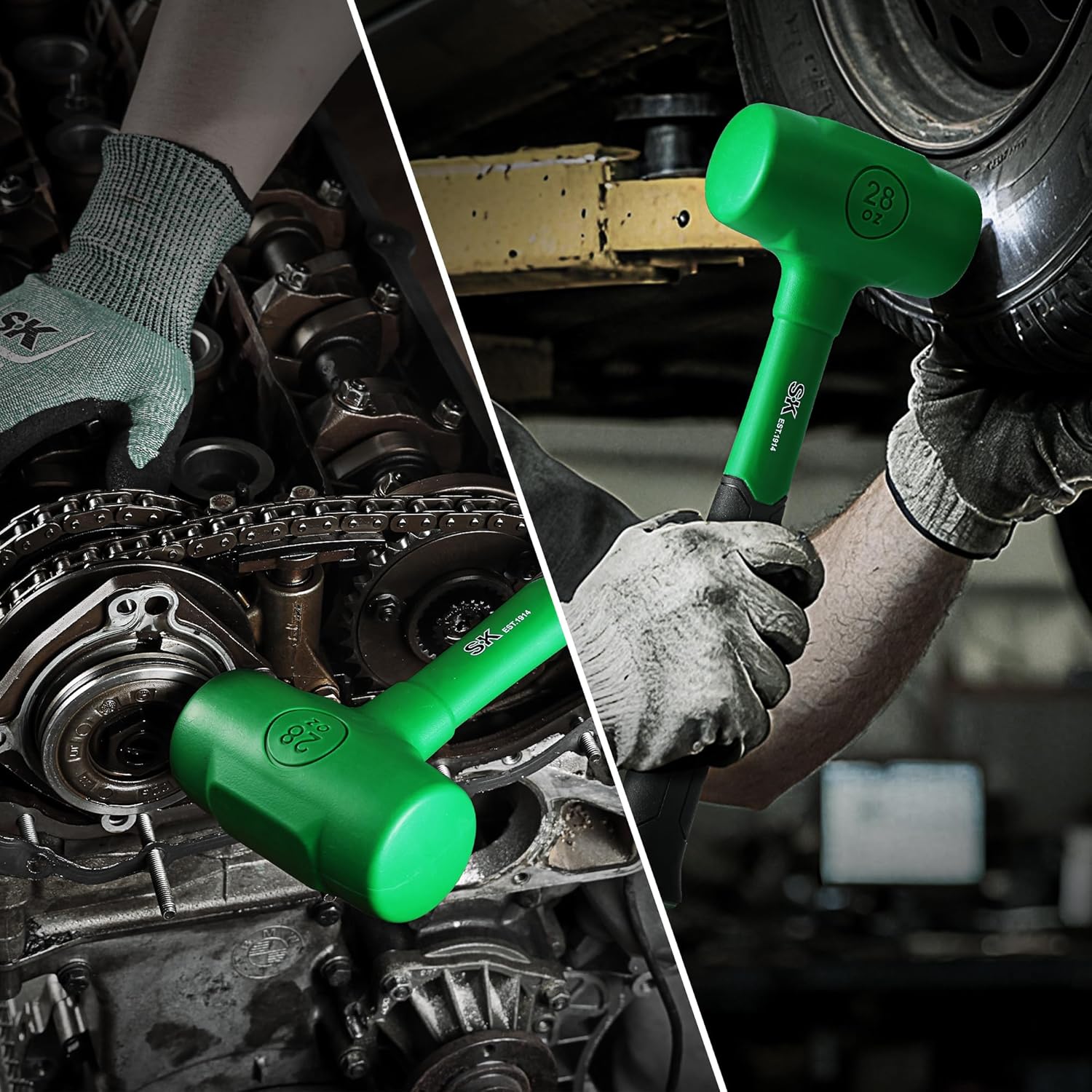 Person working on a car engine with green tools, wearing gloves.