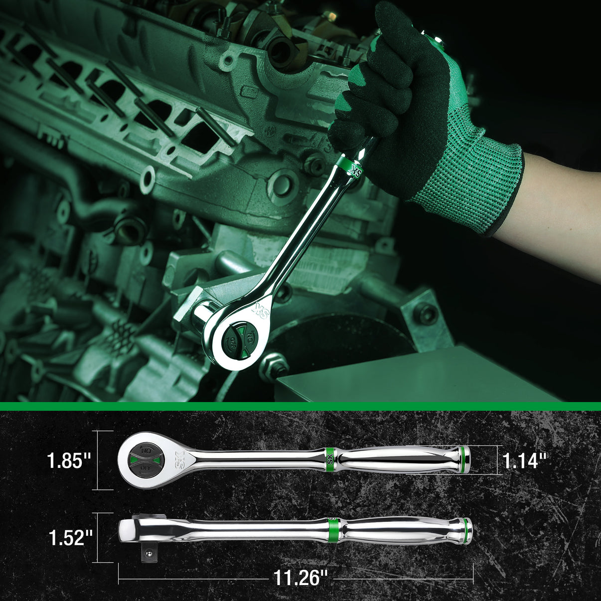 Person working on a mechanical engine with a wrench, showing dimensions of the wrench below.