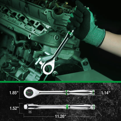 Person working on a mechanical engine with a wrench, showing dimensions of the wrench below.