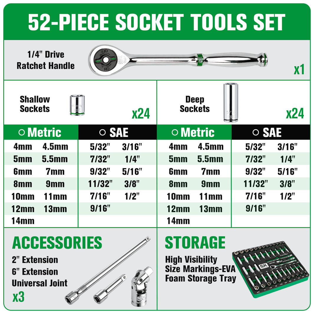 SK01300-216P - 1/4" Drive, 52 Piece, 6 Point, Shallow & Deep, SAE & Metric Chrome Socket Set View 2