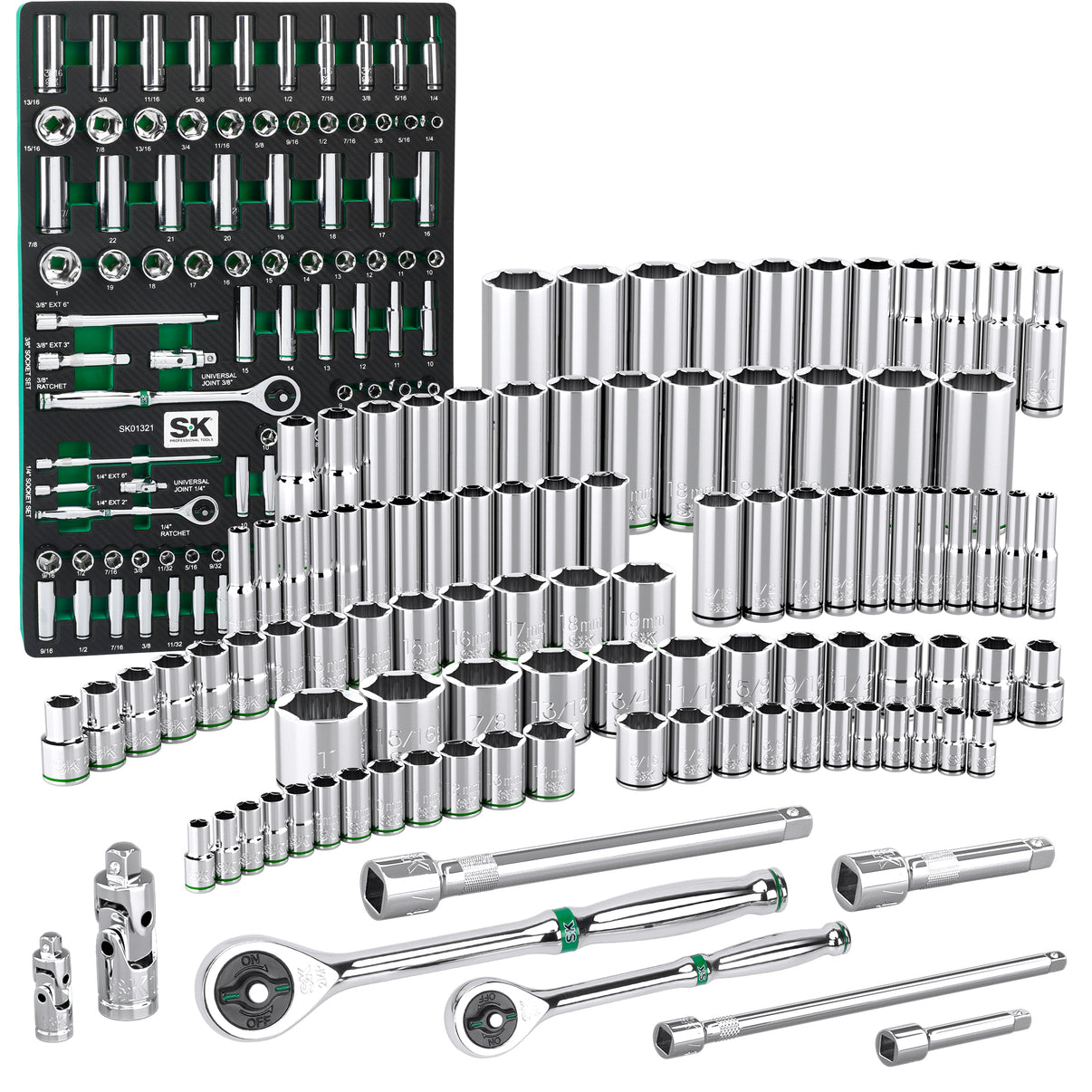 SK01321-216P - 1/4" & 3/8" Drive, 105 Piece, 6 Point, Shallow & Deep, SAE & Metric Chrome Socket Set