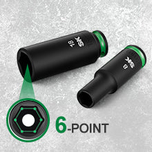 Two black and green socket tools with a 6-point design on a gray background