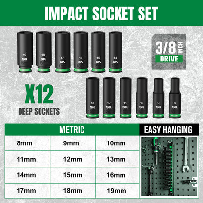 Impact socket set with sizes displayed on a gray background