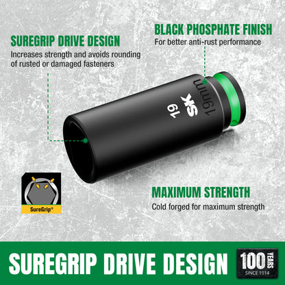 Black socket tool with SureGrip drive design and black phosphate finish on a textured gray background.