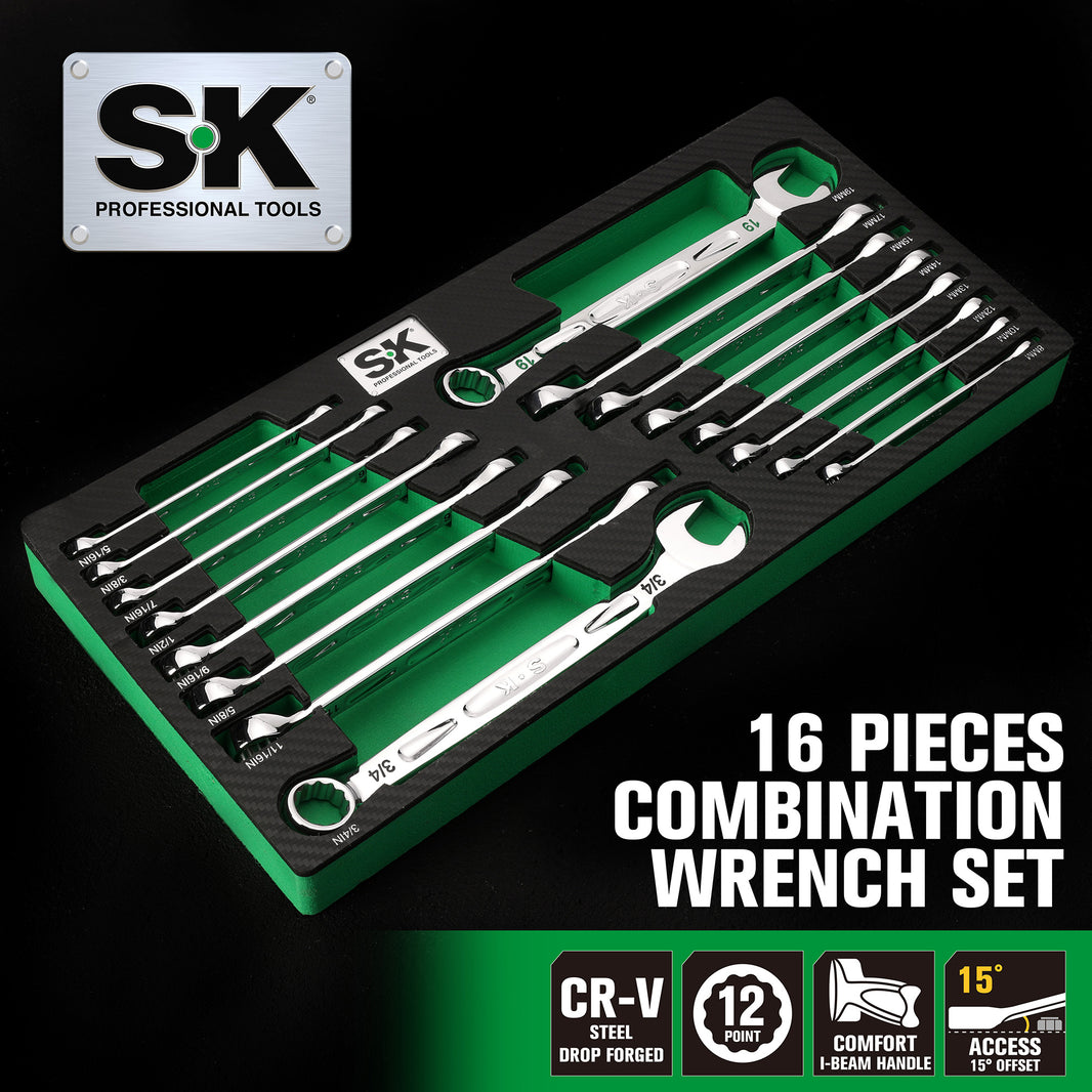 SK01368 - 16 Piece, 12 Point, SAE & Metric Chrome Combination Wrench Set View 2