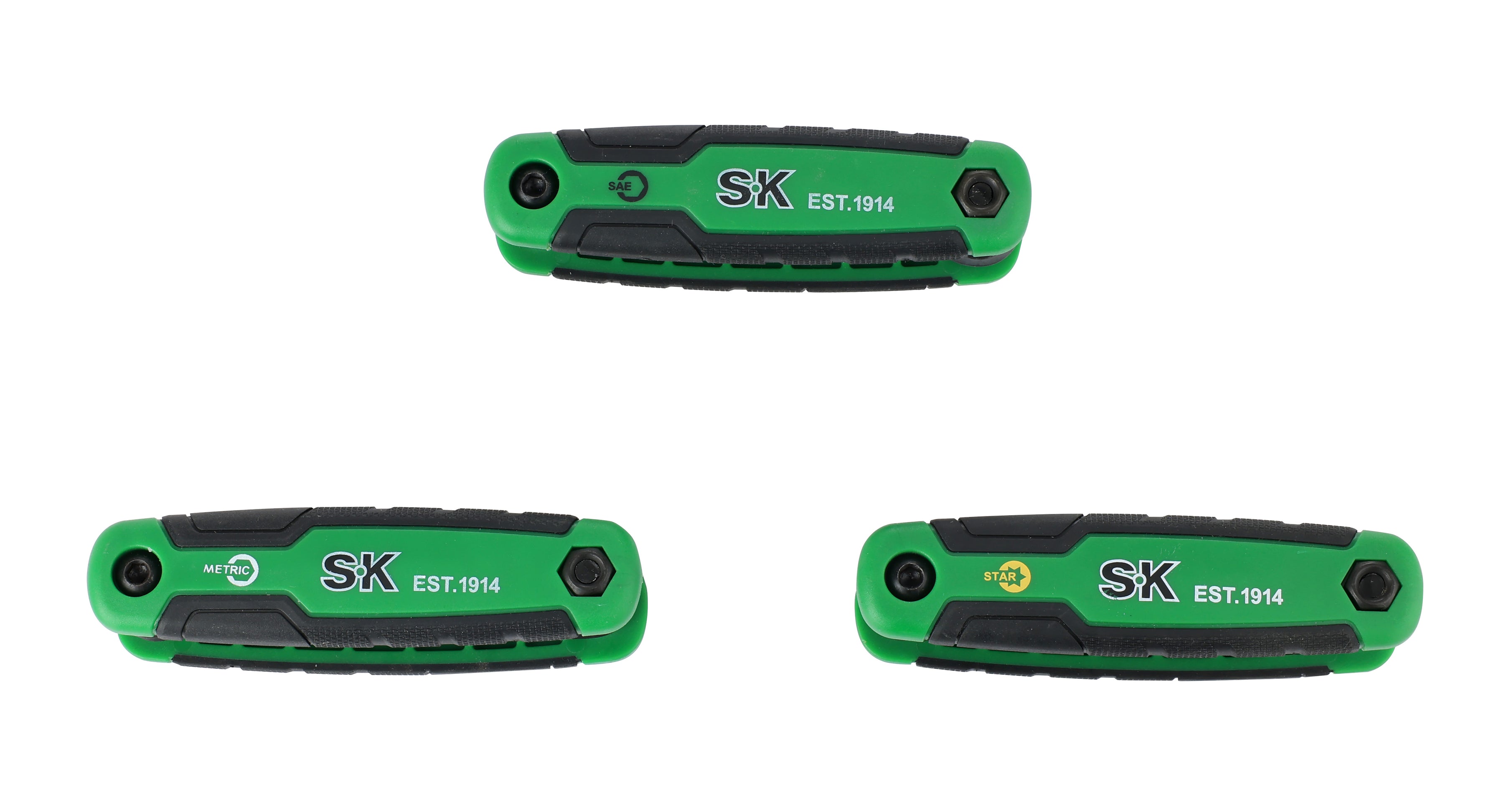 Three green pocket knives with 'SK' branding on a white background