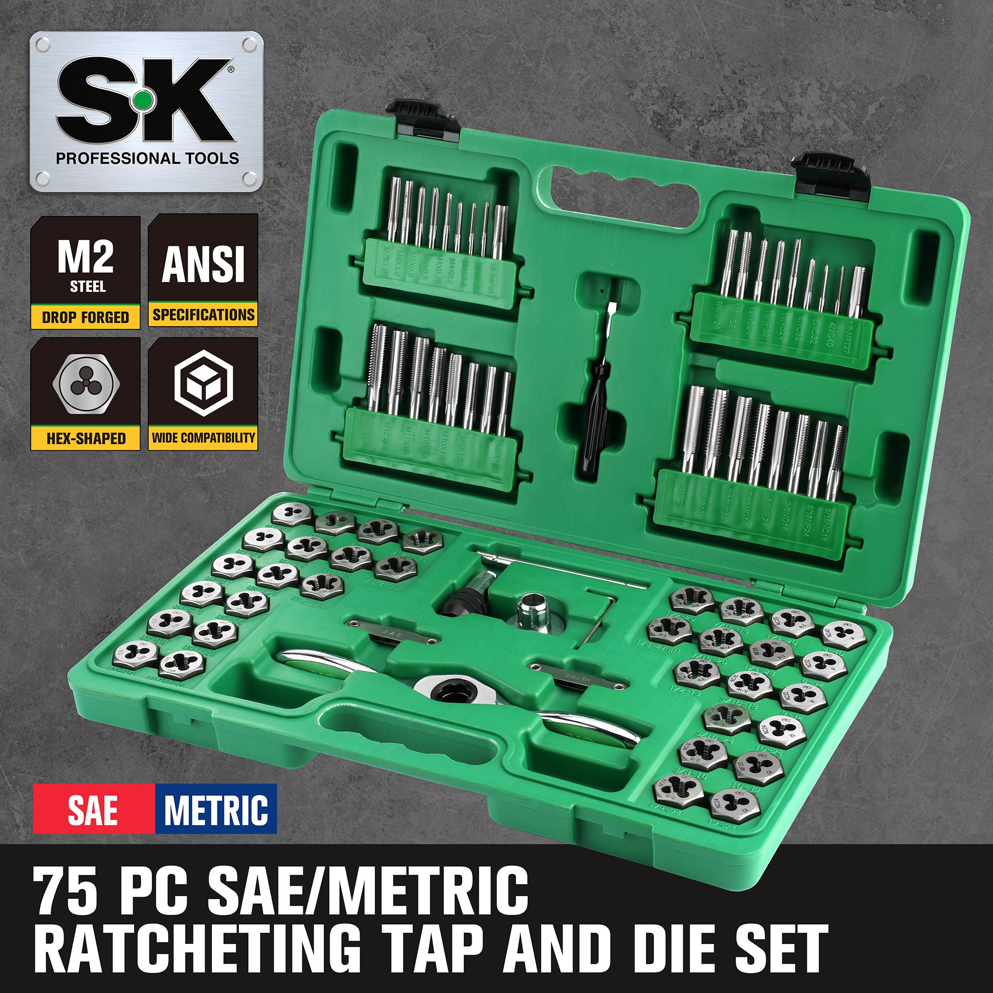 Green tool set with ratcheting tap and die components on a gray background, featuring SK Professional Tools branding.