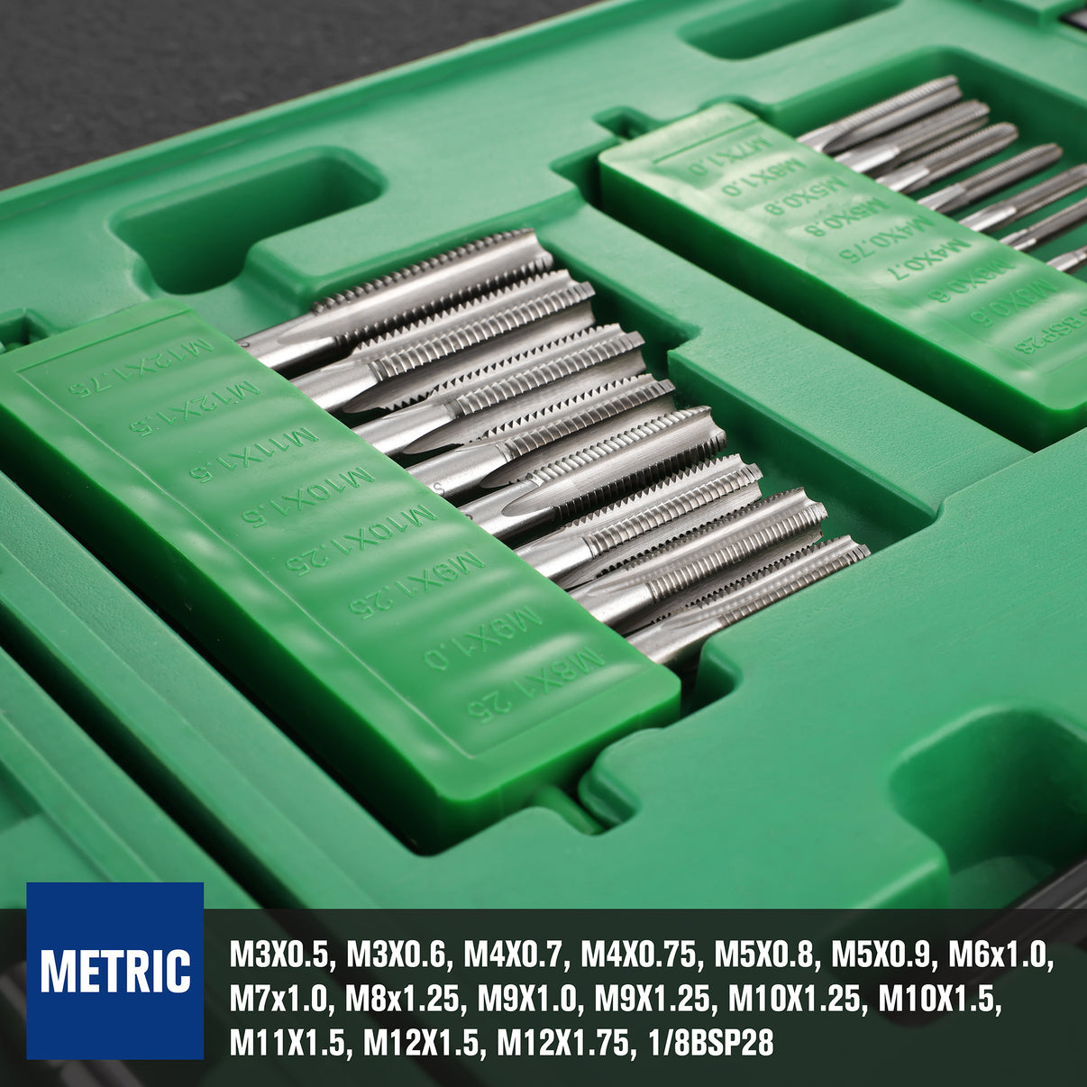 Set of metric tap and die tools in a green case with visible brand logo.