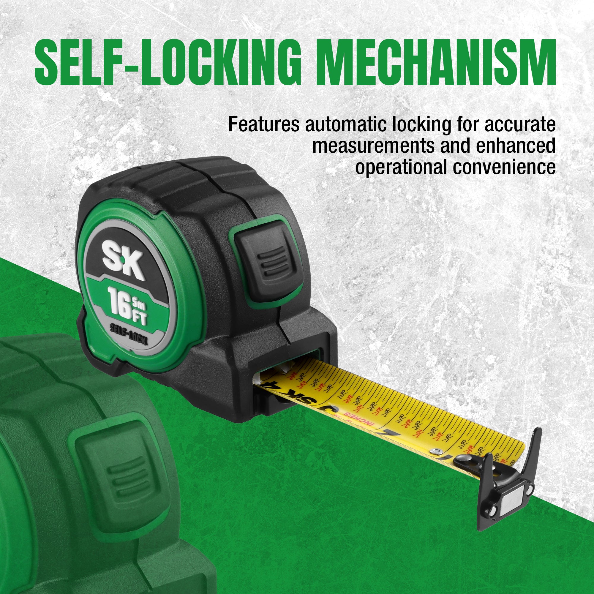 Green tape measure with self-locking mechanism on a textured background