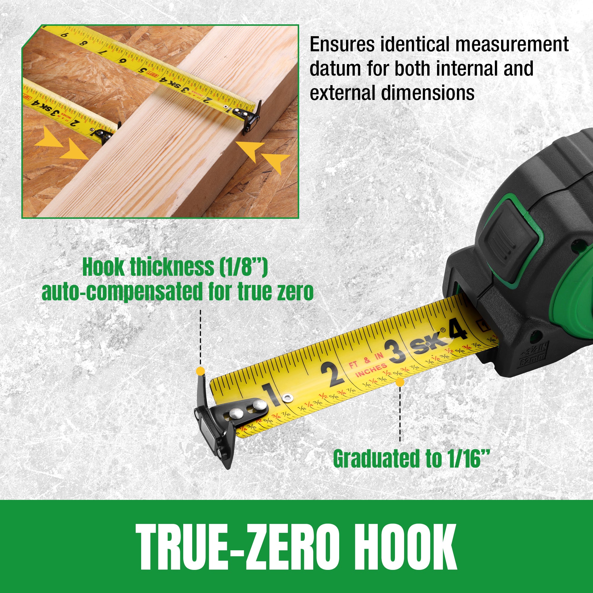 Measuring tape with true-zero hook feature on a textured gray background