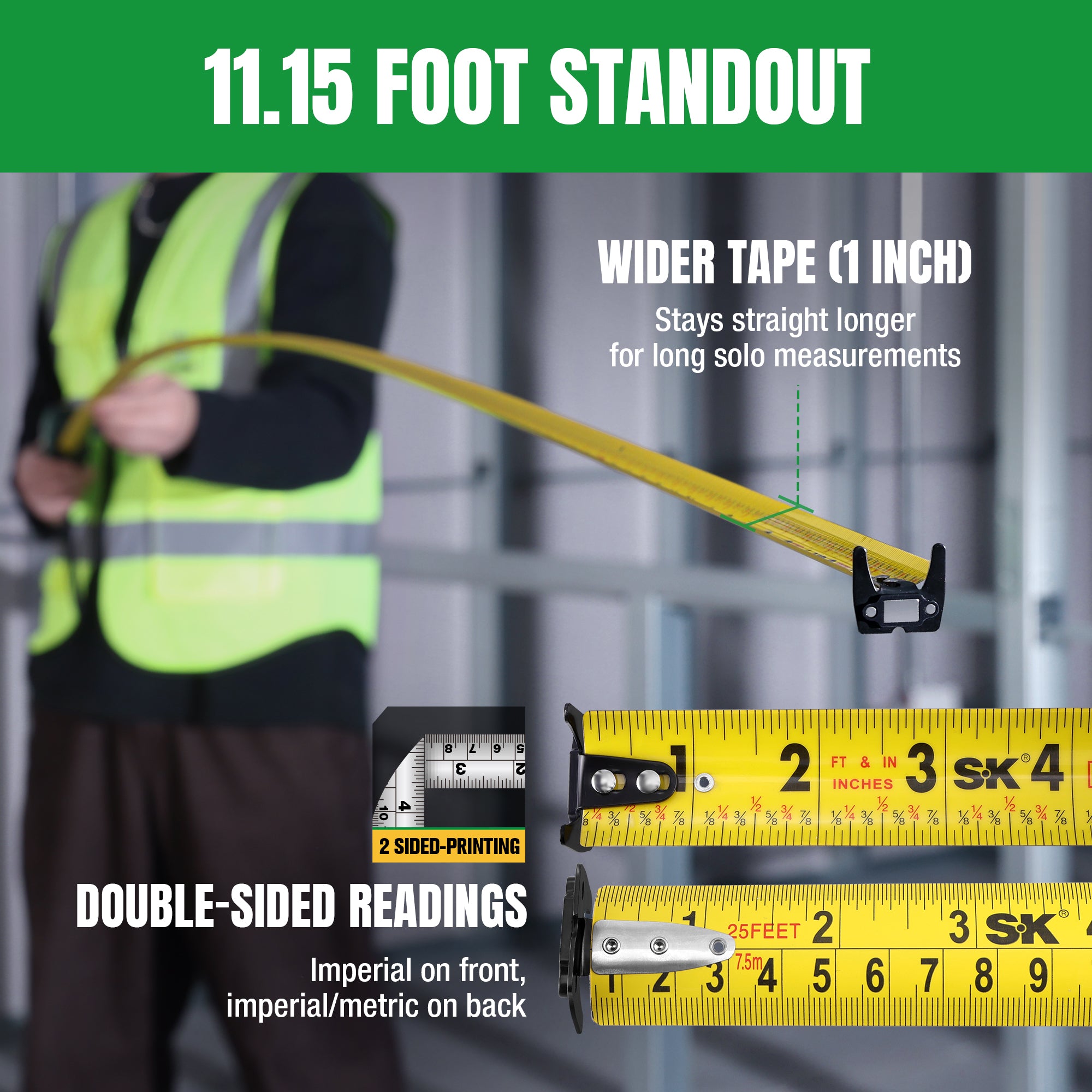 Yellow tape measure with features highlighted, person wearing a high-visibility vest in the background.