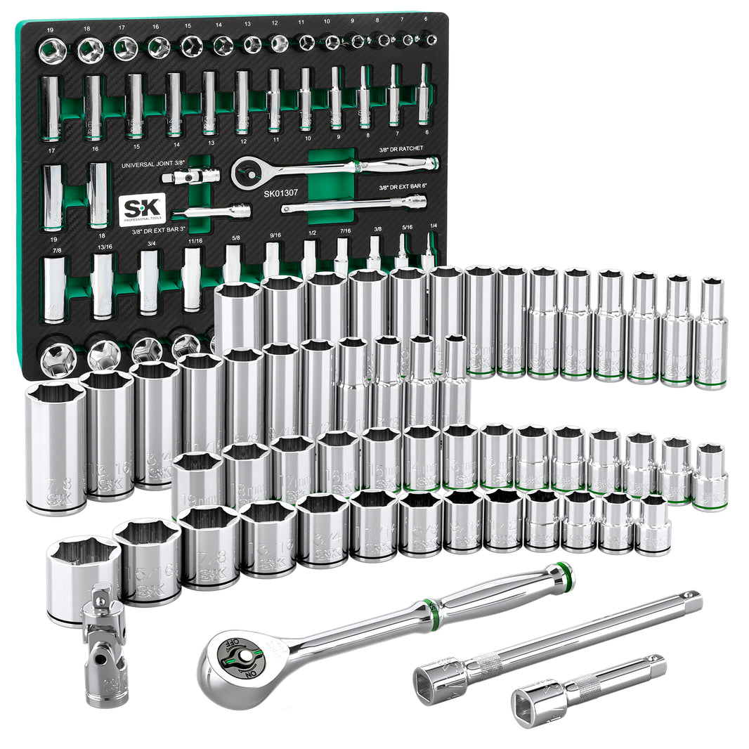 SK01307-216P - 56 Piece 3/8" Drive, 6 Point, Standard & Deep, SAE & Metric Chrome Socket Set