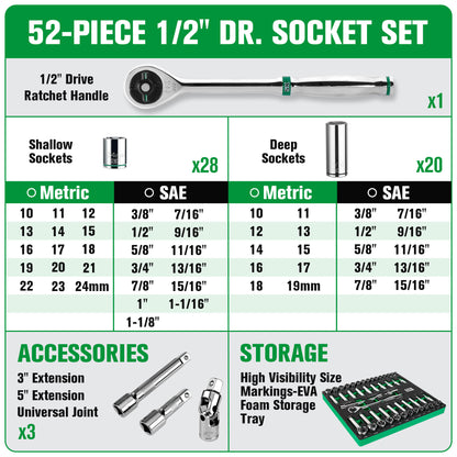 SK01314-216P - 52 Piece 1/2" Drive, 6 Point, Standard & Deep, SAE & Metric Chrome Socket Set View 2