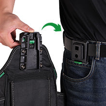 Person attaching a tool belt to their waist with a green arrow indicating the action.