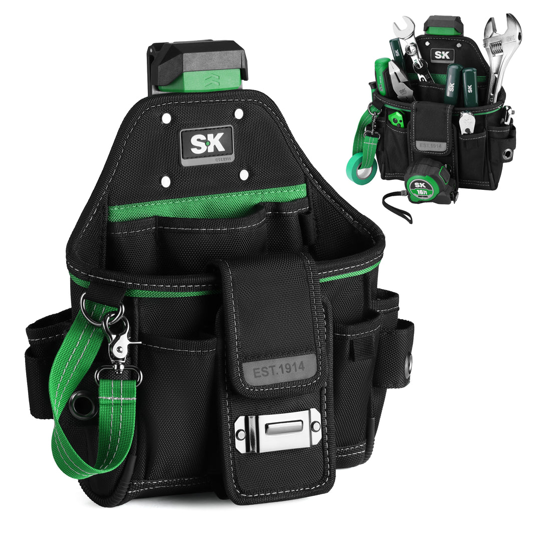 Black tool belt with green accents and tools on a white background