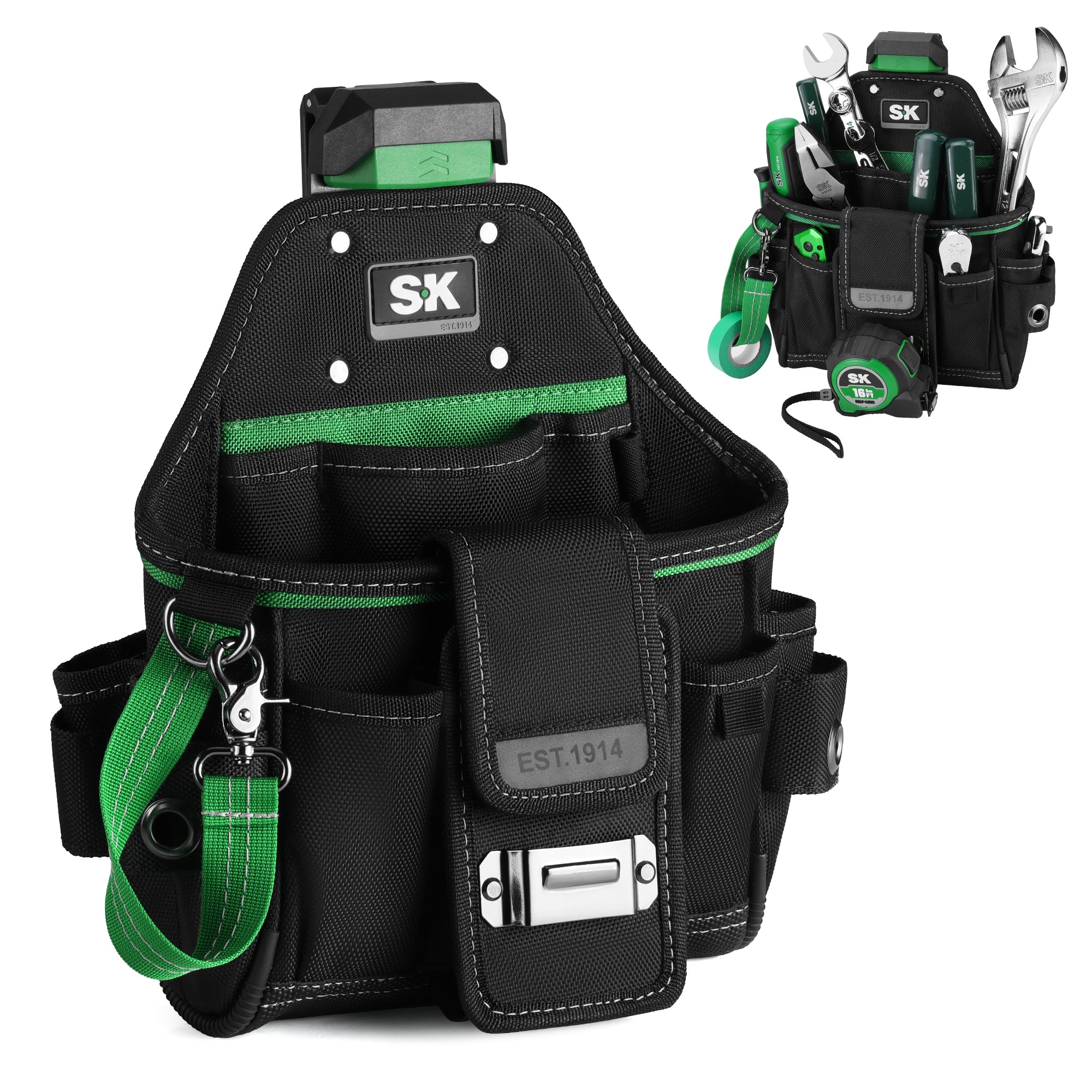 Black tool belt with green accents and tools on a white background
