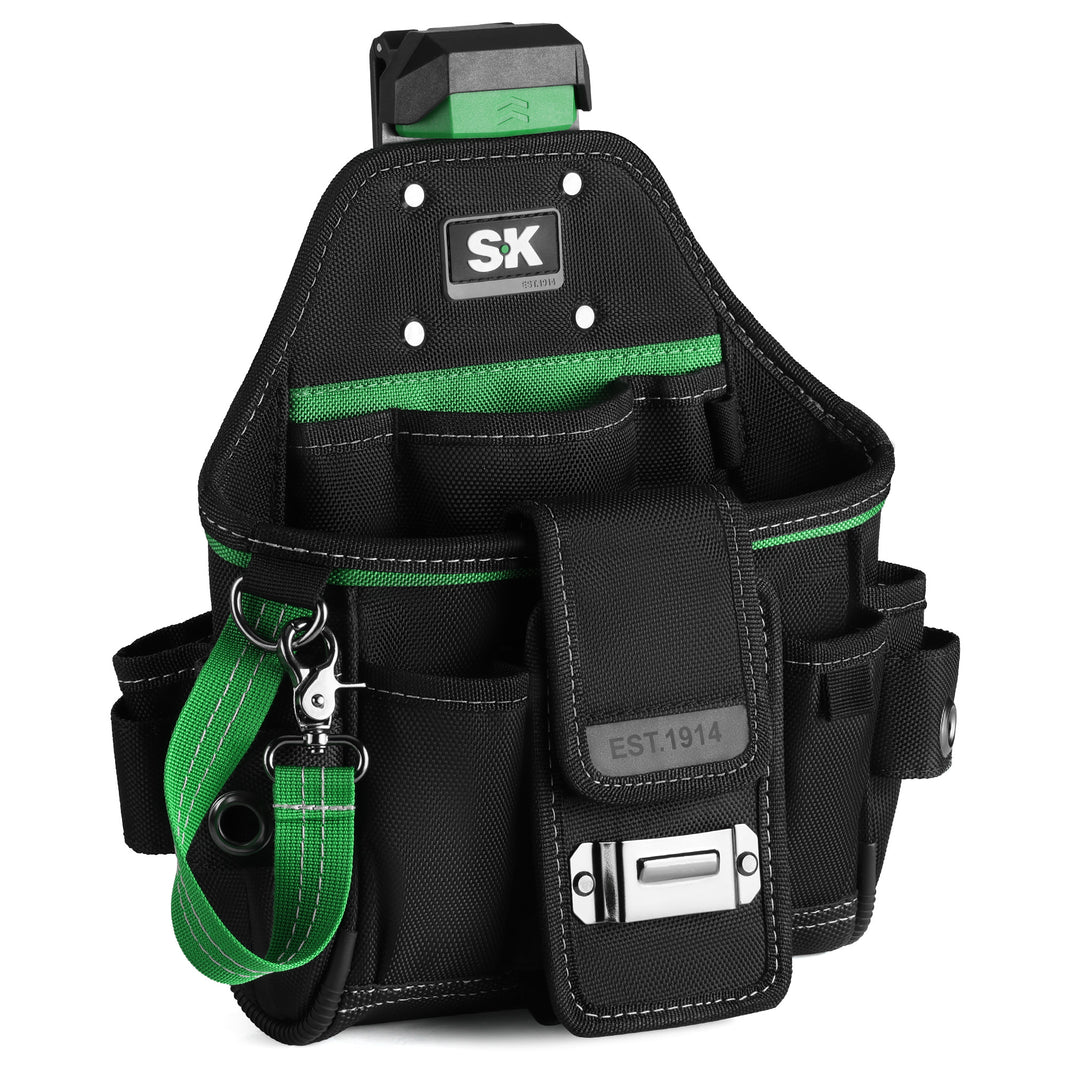 Black tool belt with green accents and 'SK' logo on a white background