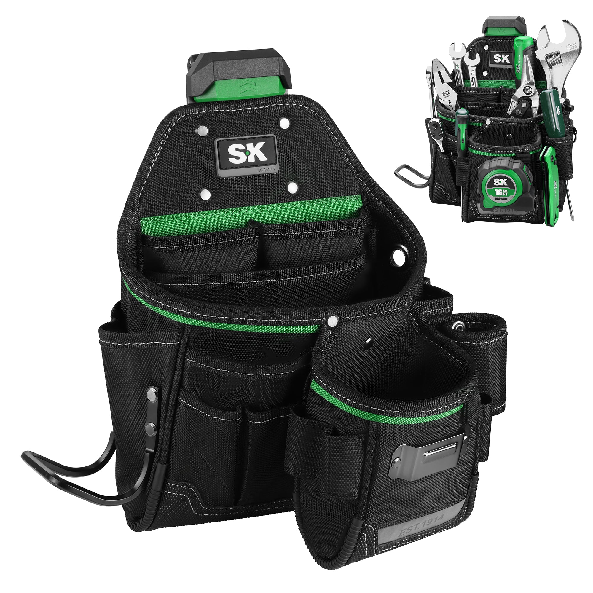 Black tool belt with green accents and SK logo on a white background