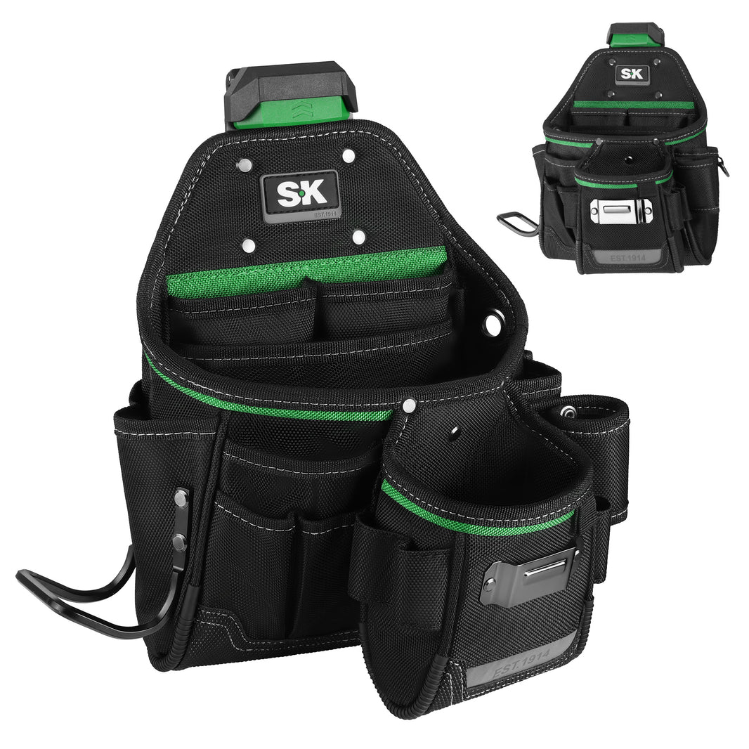 Black tool belt with green accents and SX logo on a white background