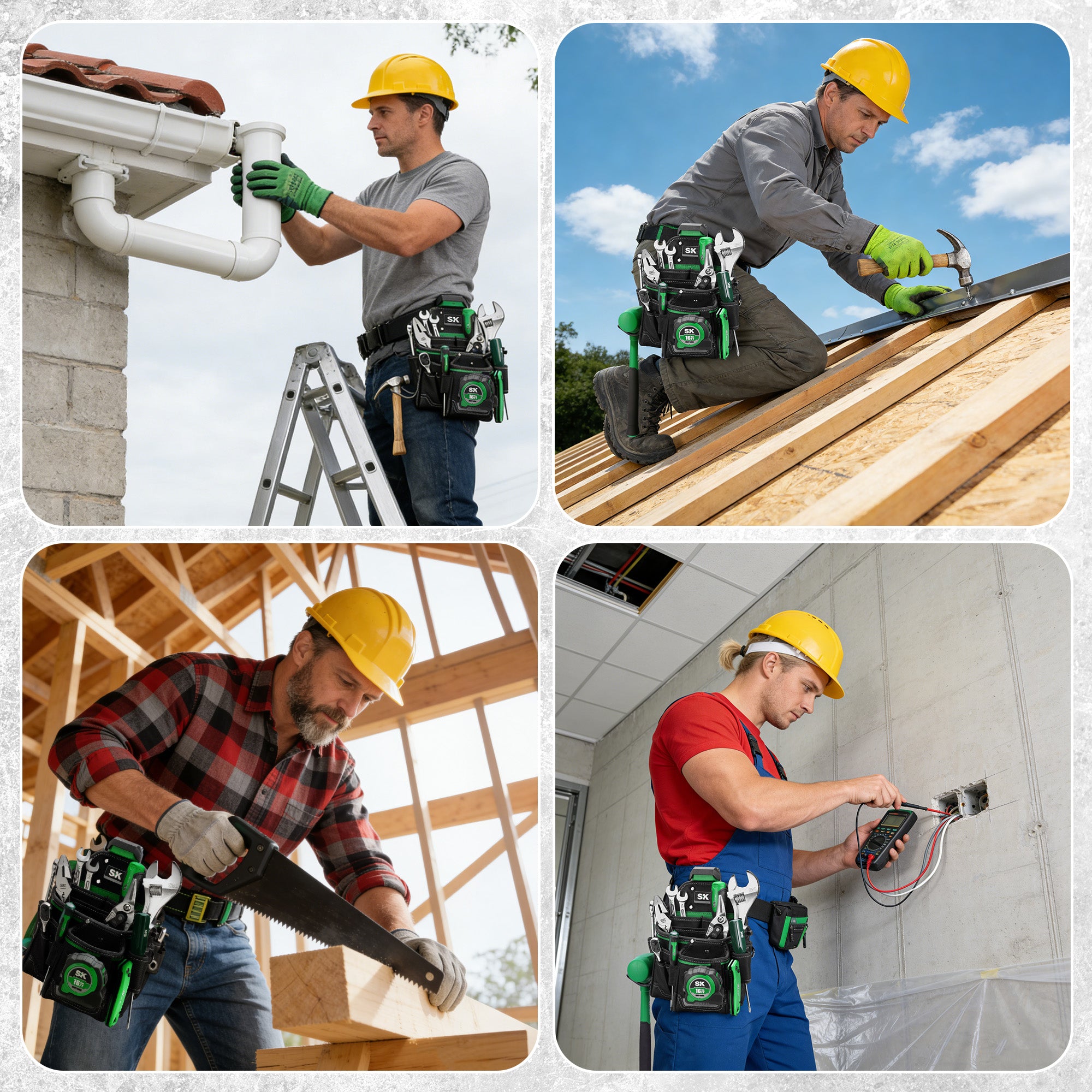 Collage of a construction worker performing various tasks on a roof, wall, and floor.