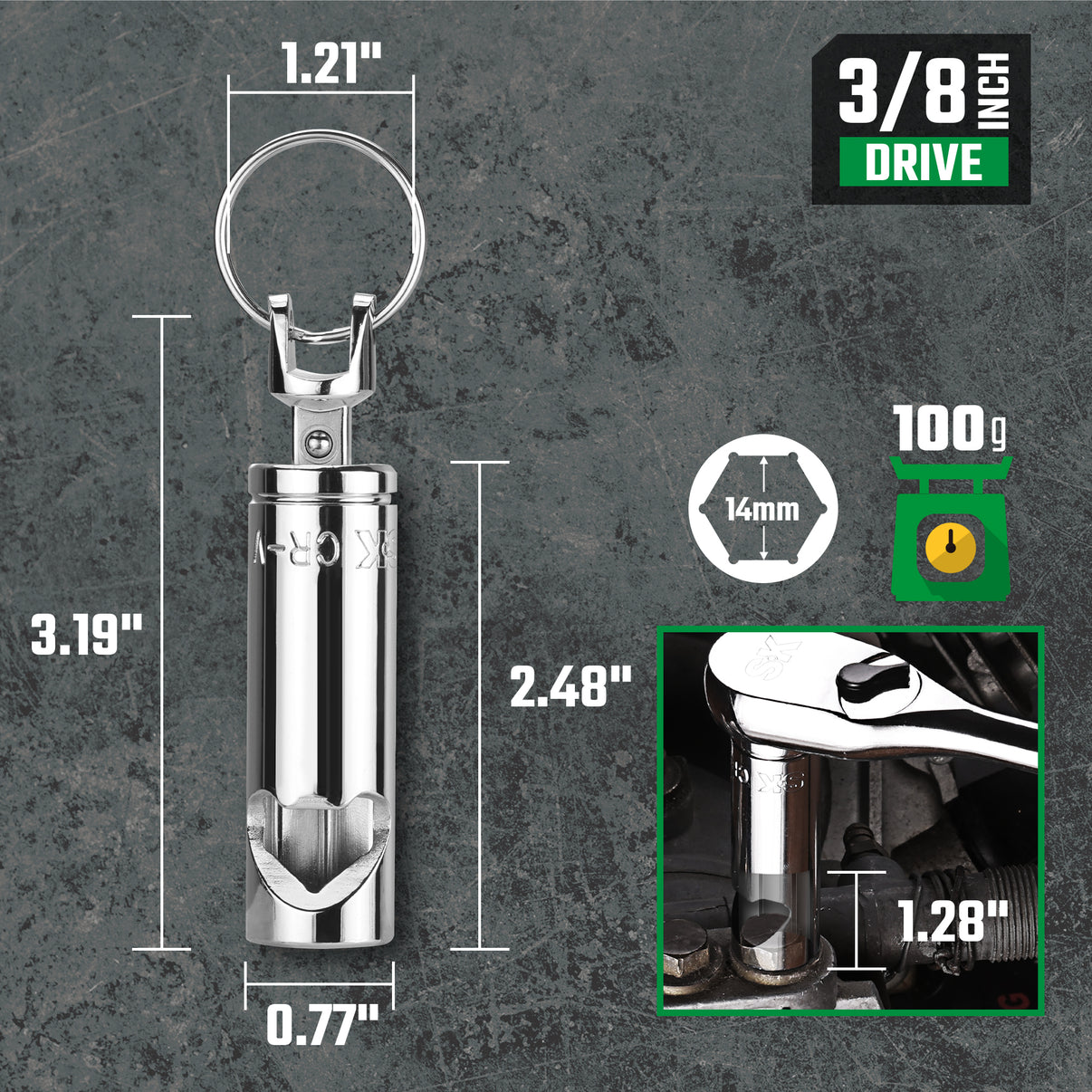 Wrench keychain with measurements and specifications on a gray background