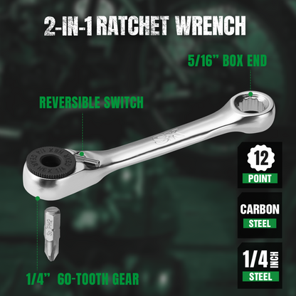 2-in-1 ratchet wrench with specifications on a dark background