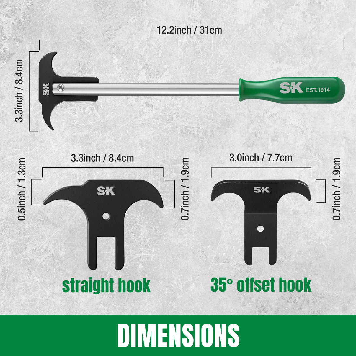 SK tool with measurements of different hooks on a gray background