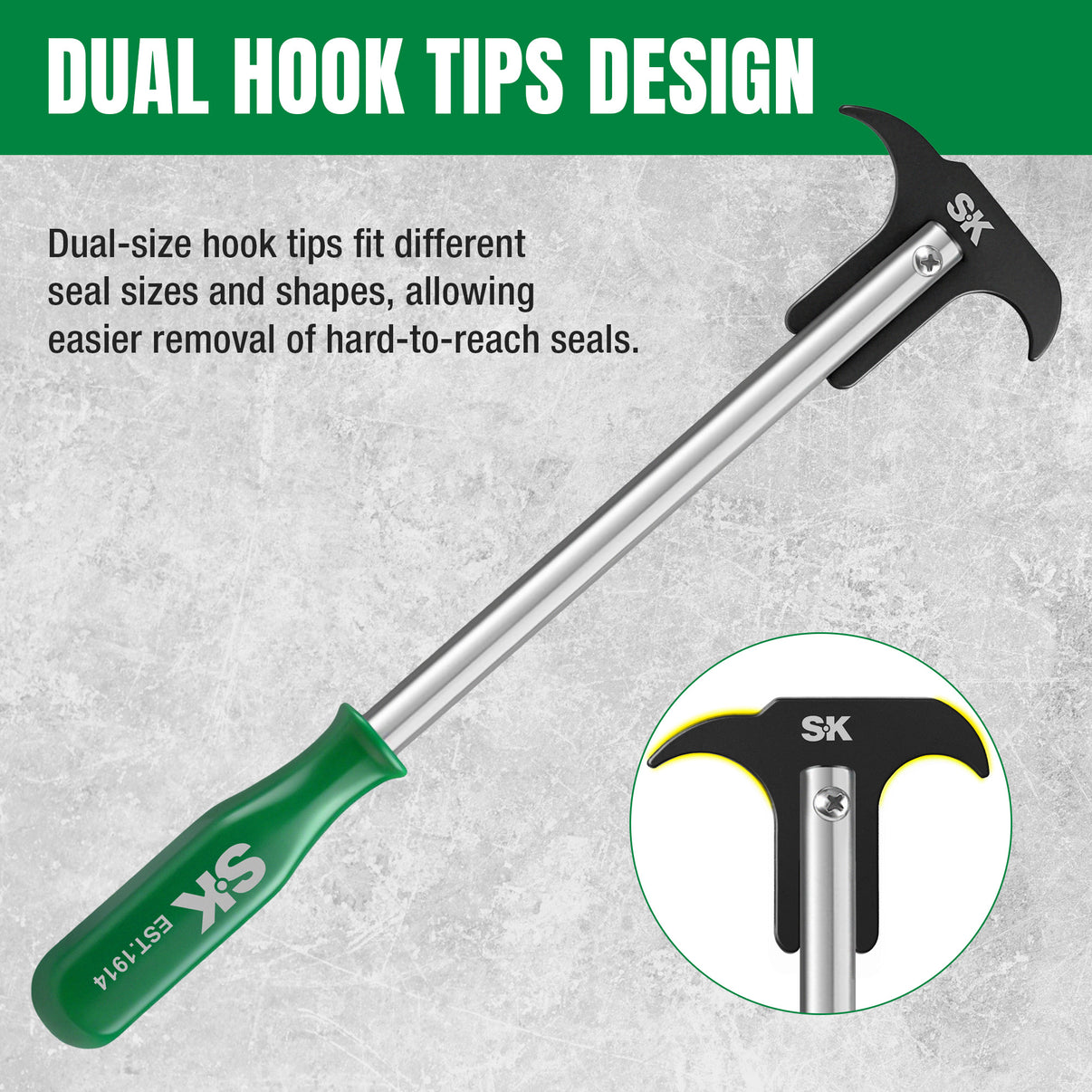 SK tool with dual hook tips design on a gray background