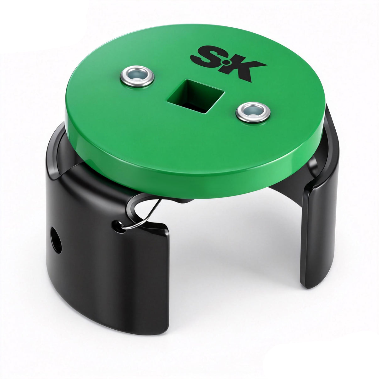 Green and black mechanical component with 'SK' branding on a white background