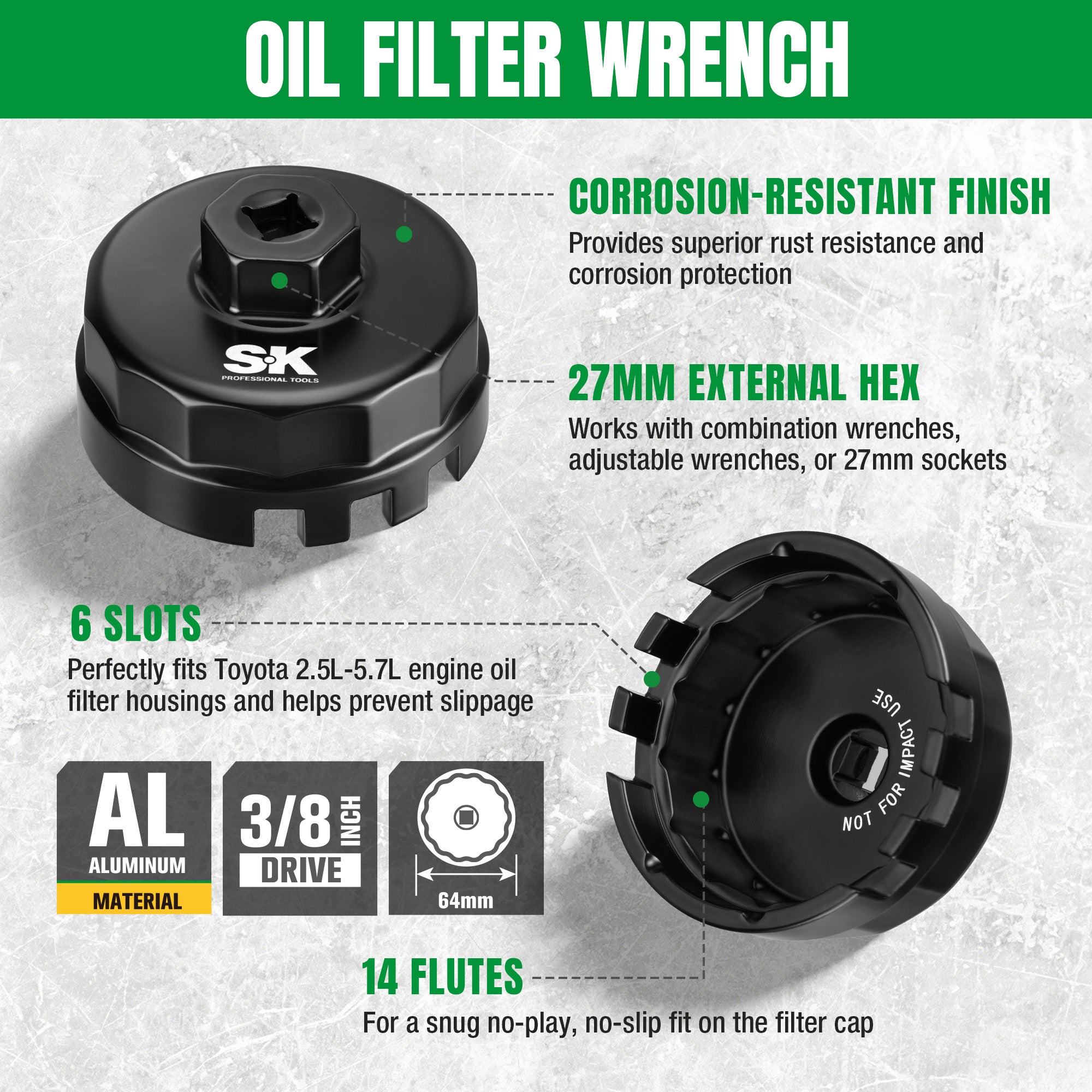 Oil filter wrench with features highlighted on a gray background