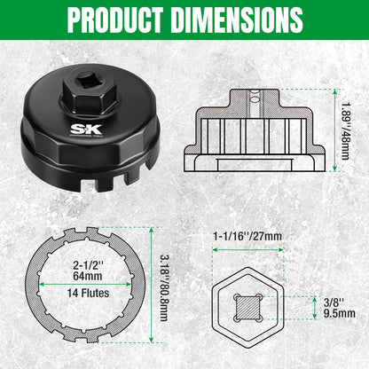 Product dimensions of a black tool with SK logo on a textured gray background