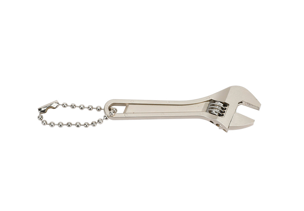 Metal adjustable wrench keychain on a white background
