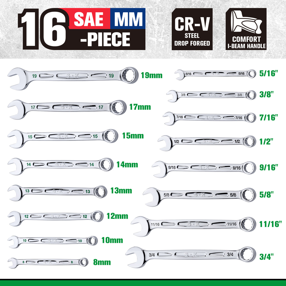 SK01368 - 16 Piece, 12 Point, SAE & Metric Chrome Combination Wrench Set