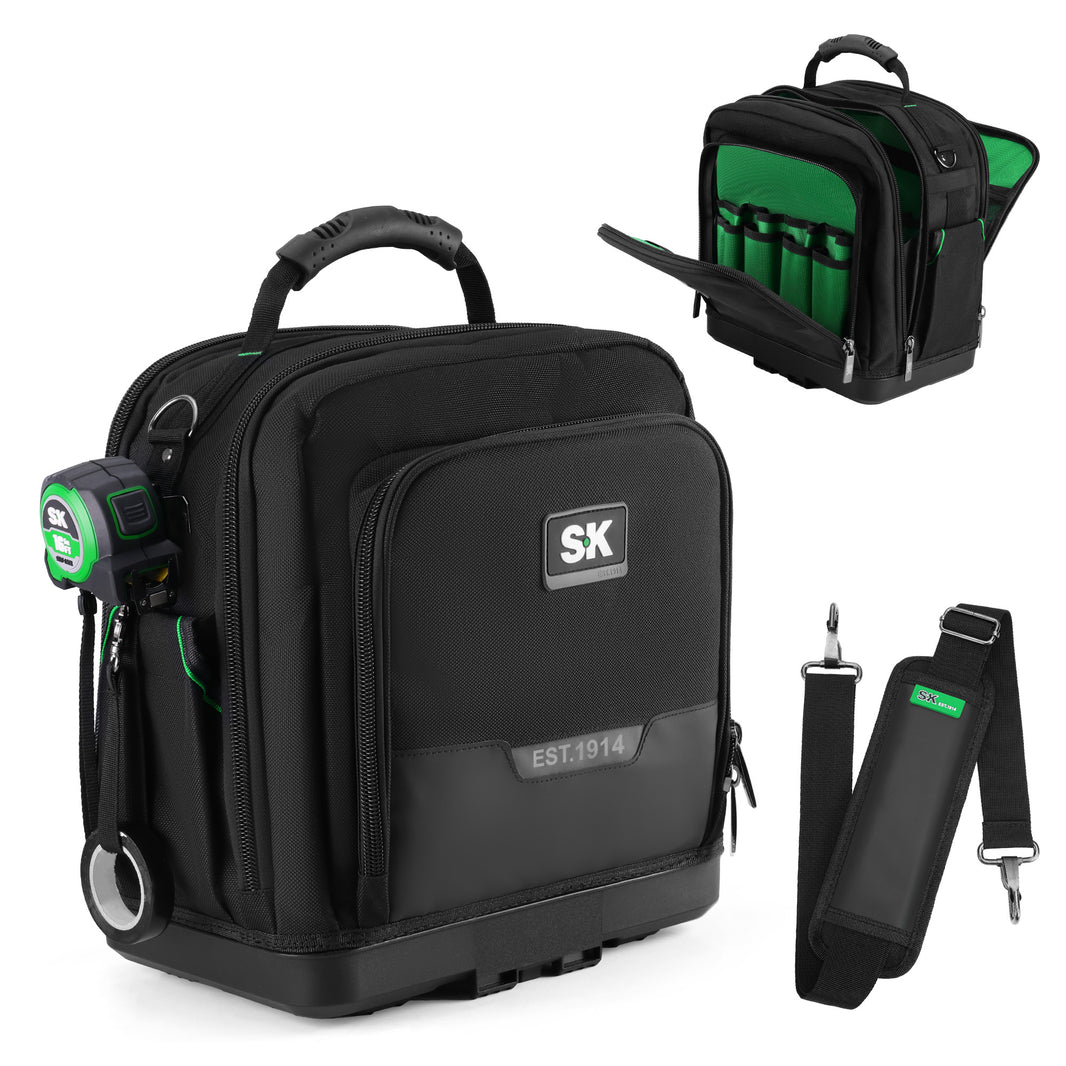 15" Service Tool Bag by SK Tools USA in black with multiple compartments and a padded shoulder strap