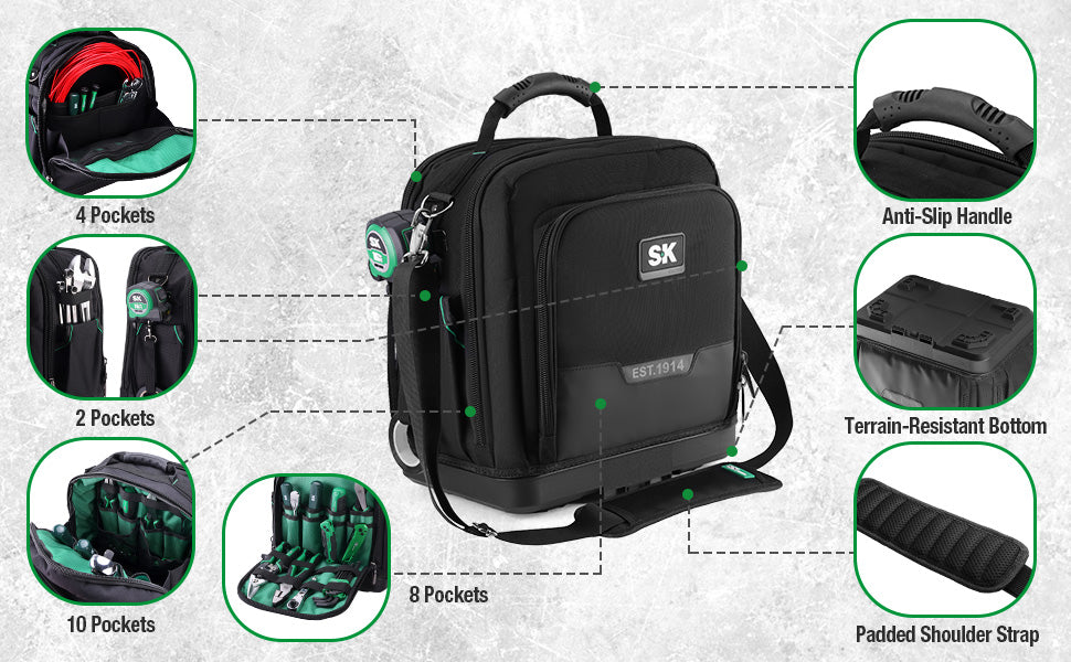 15" SK Tools USA Service Tool Bag in black with multiple pockets and padded shoulder strap for easy transport