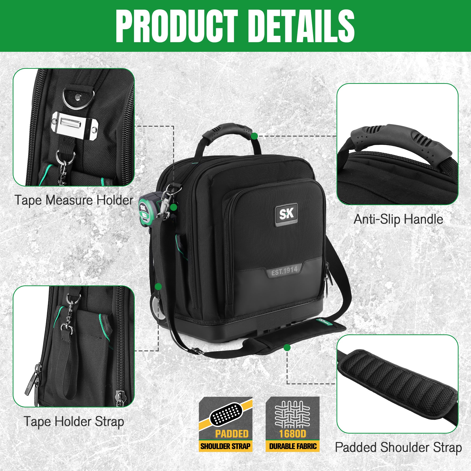 15" SK Tools USA Service Tool Bag in durable black fabric with padded shoulder strap and anti-slip handle