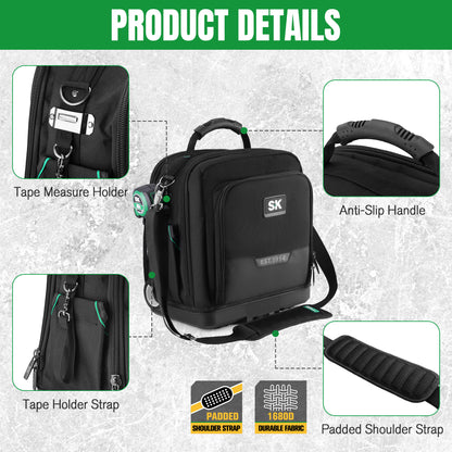 15" SK Tools USA Service Tool Bag in durable black fabric with padded shoulder strap and anti-slip handle