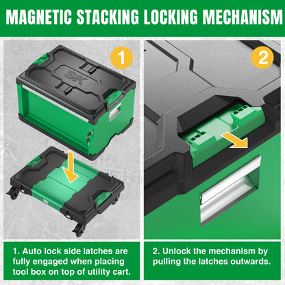 Modular Stackable Storage Toolbox by SK Tools USA in green with magnetic stacking locking mechanism for secure stacking
