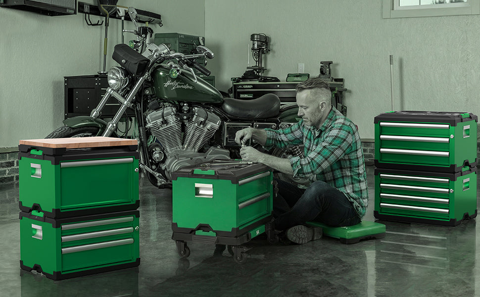 Modular Stackable Storage Toolbox by SK Tools USA, LLC in green with two drawers for efficient organization