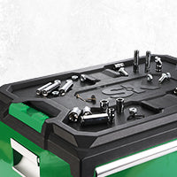 Modular Stackable Storage Toolbox by SK Tools USA, LLC in green with two drawers and a durable top for tool organization